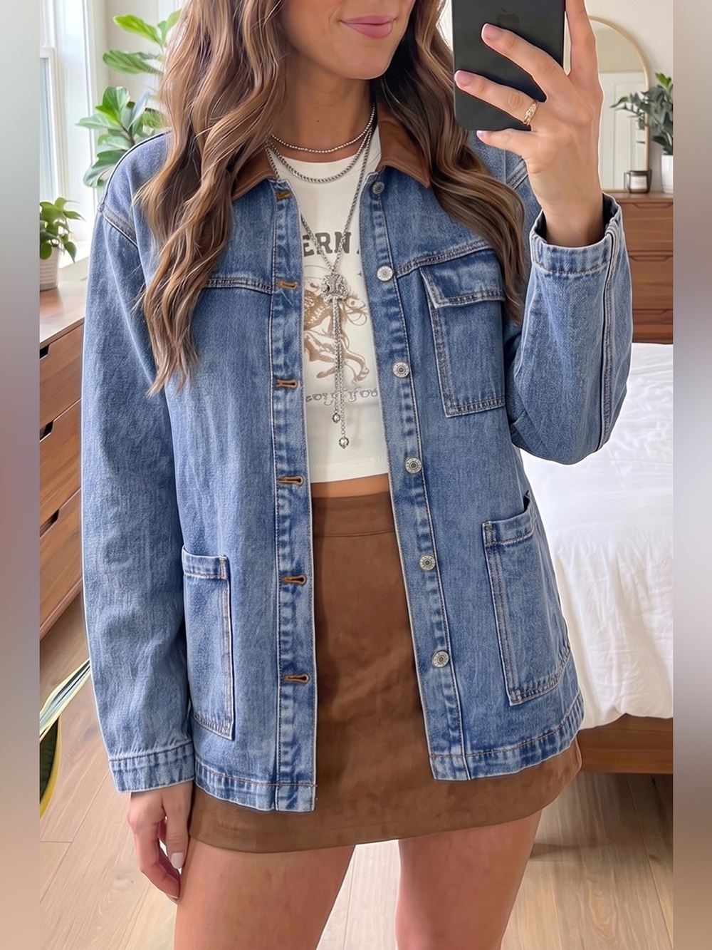 Patchwork Leather Collar Long Sleeve Denim Jacket